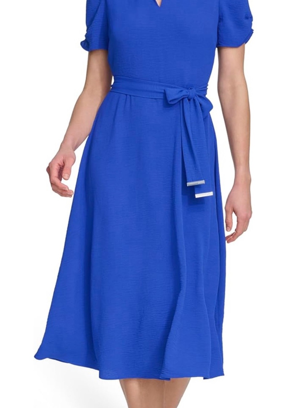 DKNY Electric Blue Midi Dress with Self-Tie Waist